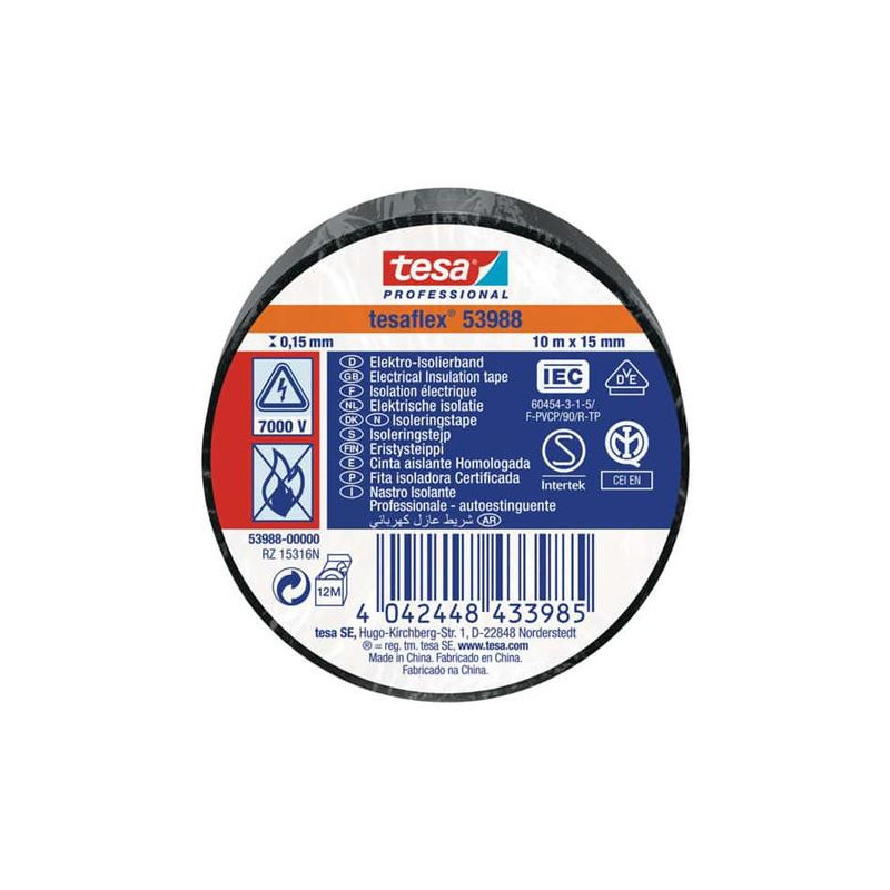 CINTA AISLANTE PROFESIONAL 10 M X 15 MM NEGRO