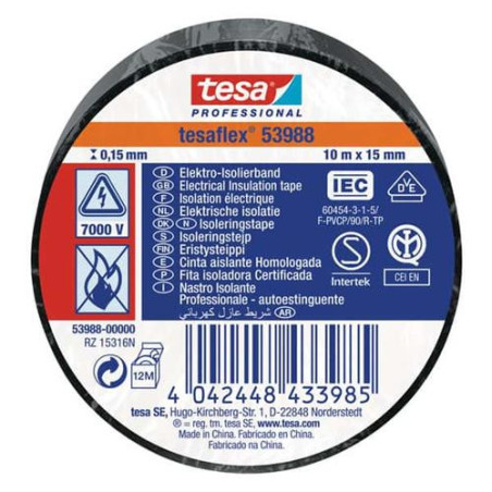 CINTA AISLANTE PROFESIONAL 10 M X 15 MM NEGRO