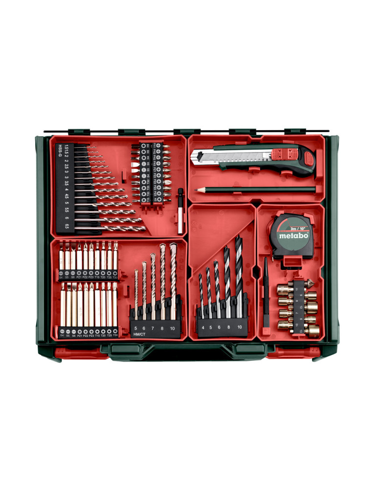 Taladro atornillador de percusión METABO de batería, con taller portatil 78 piezas Set (602317710)