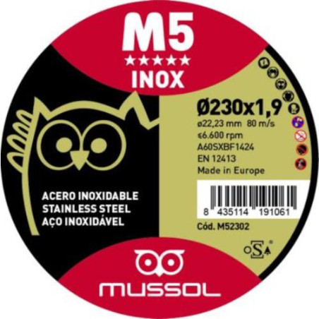 DISCO M5 CORTE EXTRAFINO INOX 230x1.9 EJE 22.23